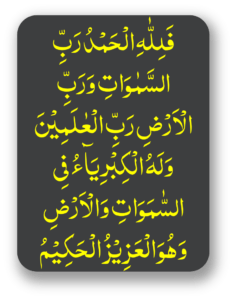 فللہ الحمد رب السمٰوات ورب الارض رب العلمین ولہ الکبر یاء فی السموات والارض وھو العزیز الحکیم