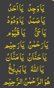 یاوجد یااحد یاصمد یاودود یاحی یاقیوم یارحمٰن یارحیم یاحنان یامنان یااللہ یابدیع ھو الرحمٰن الرحیم