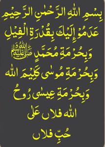 بسم اللہ الرحمٰن الرحیم عدمو الیک بقدرۃ الفیل وبحرمۃ محمدﷺ وبحرمۃ موسیٰ
