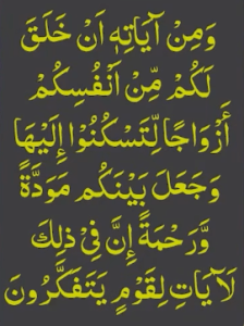 ومن آیاتہ ان خلق لکم من انفسکم ازواجا لتسکنو الیھا وجعل بینکم مودۃ ورحمۃ ان فی ذلک لآیات لقوم یتفکرون