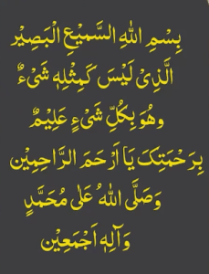 بسم اللہ السمیع البصیر الذی لیس کمثلہ شیء وھو بکل شیء علیم برحمتک یا ارحم الراحمین